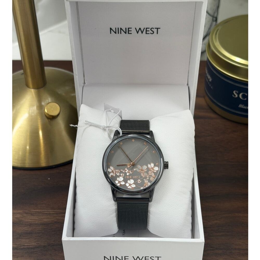 Nine West Floral Dial Mesh Watch NW/2429FLGY Gunmetal Rose Gold NIB